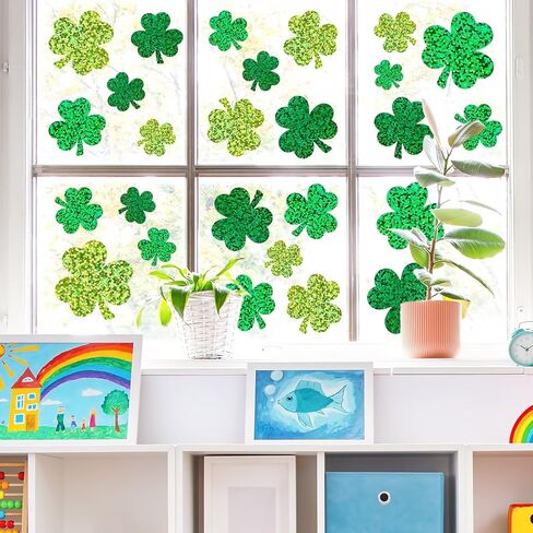 9 Sheets St. Patrick's Day Holographic Window Stickers 3 Green Colors Sparkly Shamrock Clover Window Decals for Irish Holiday Home Office Classroom Party Supplies in Saudi Arabia