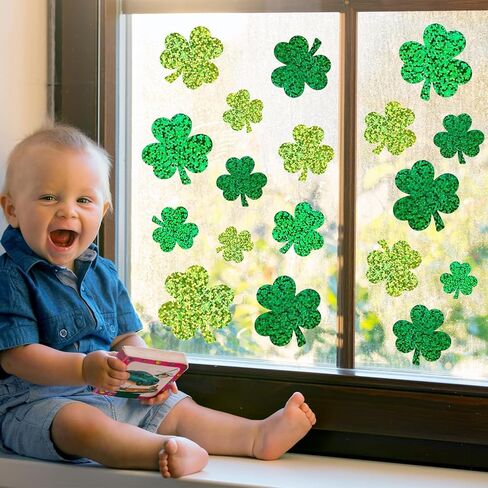9 Sheets St. Patrick's Day Holographic Window Stickers 3 Green Colors Sparkly Shamrock Clover Window Decals for Irish Holiday Home Office Classroom Party Supplies in Saudi Arabia
