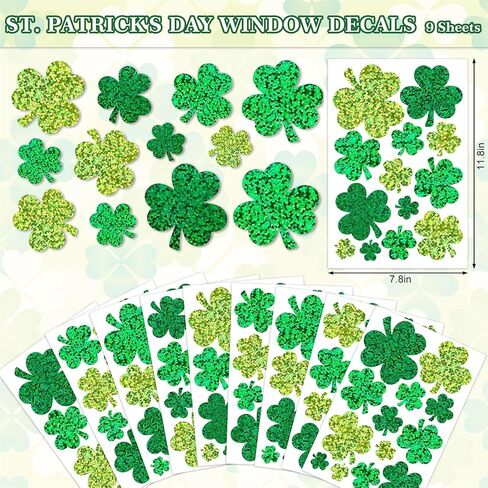 9 Sheets St. Patrick's Day Holographic Window Stickers 3 Green Colors Sparkly Shamrock Clover Window Decals for Irish Holiday Home Office Classroom Party Supplies in Saudi Arabia