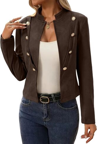 Women Faux Suede Double Breasted Coats Fall Long Sleeve Jackets Vintage Solid Color Moto Coats in Saudi Arabia