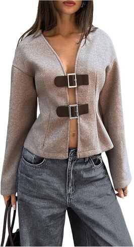 Verdusa Women's Buckle Slit Lightweight Jacket Elegant Outerwear Fall Clothes in Saudi Arabia