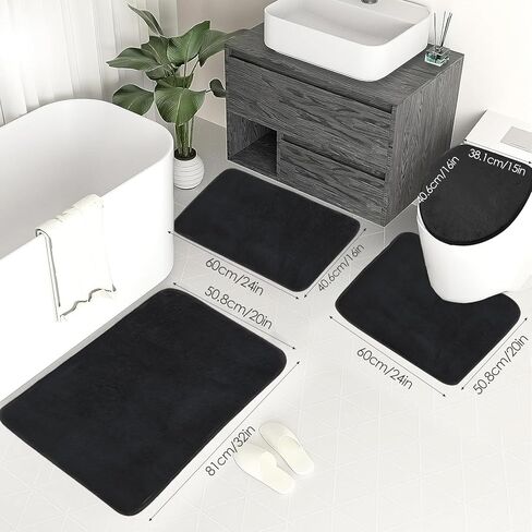 مجموعة سجاد الحمام من إسفنج الذاكرة مكونة من 4 قطع مع مادة مخملية فائقة النعومة، تصميم سفلي غير قابل للانزلاق، قدرة امتصاص عالية، هيكل قابل للغسل في الغسالة، سجاد مثالي للحمام وحوض الاستحمام والدش (أسود) in Kuwait