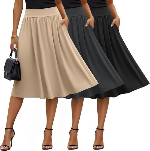 3 Pcs Skirts for Women Knee Length Skirt with Pockets Casual Ruched Flowy Midi Skirt in Kuwait
