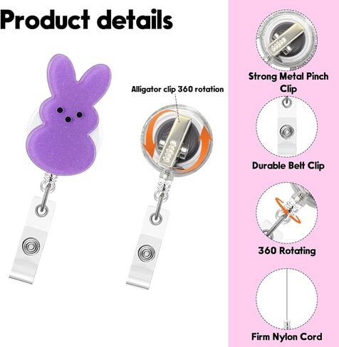 Easter Badge Reel,Cute Purple Rabbit Bunny Acrylic Badge for ID Card Badge,Telescoping Retractable Badge Holder Alligator Clip Accessories for Nurse,Medical Worker,Nursing Student,Teacher in Saudi Arabia