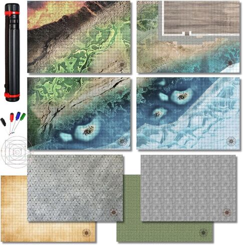 iPEAU|DND Map Starter Set حصيرة الطاولة 4 ألواح مسح جافة 23 × 33 بوصة مع 1 بوصة شبكة وحصيرة معركة آر بي جي سداسية للزنزانة والتنينات ملحقات باثفايندر ومطرقة حربية قابلة لإعادة الاستخدام ملحقات نظام تخطيط GM المرن in Kuwait