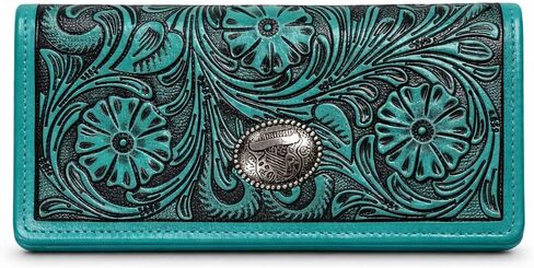 محفظة جلدية من American Bison Western Turquoise للنساء بمقبض مزين بالزهور مع حجب RFID، 9 فتحات للبطاقات، نافذة لبطاقة الهوية، جزء داخلي من الأكورديون in Kuwait
