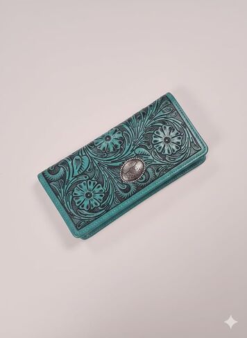 محفظة جلدية من American Bison Western Turquoise للنساء بمقبض مزين بالزهور مع حجب RFID، 9 فتحات للبطاقات، نافذة لبطاقة الهوية، جزء داخلي من الأكورديون in Kuwait