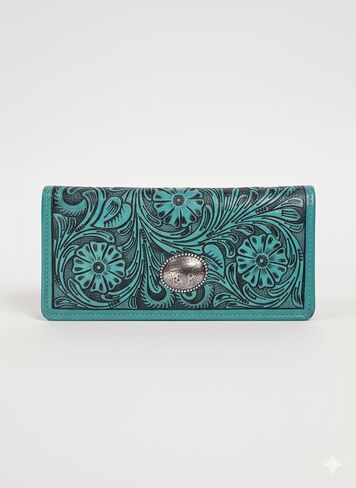 محفظة جلدية من American Bison Western Turquoise للنساء بمقبض مزين بالزهور مع حجب RFID، 9 فتحات للبطاقات، نافذة لبطاقة الهوية، جزء داخلي من الأكورديون in Kuwait