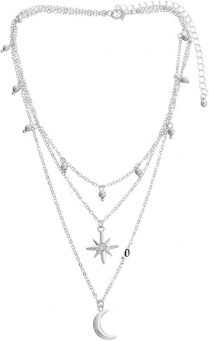 Layered Moon Star Crystal Necklace Gold Silver Plated Boho Charm Crescent Lucky Stars Small Bell Tassel Sparkly Rhinestone Cubic Zirconia Chain Necklace for Women Christmas Birthday Trendy Jewelry Gifts in Saudi Arabia