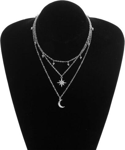 Layered Moon Star Crystal Necklace Gold Silver Plated Boho Charm Crescent Lucky Stars Small Bell Tassel Sparkly Rhinestone Cubic Zirconia Chain Necklace for Women Christmas Birthday Trendy Jewelry Gifts in Saudi Arabia