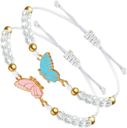 2PCS Butterfly Friendship Bracelet, Butterfly Matching Bracelets, Butterflies Couple Bracelets, Adjustable Strand Best Friends Bracelet for Women, Jewelry Gifts for Couples and Friend (Pink + Blue) in Saudi Arabia