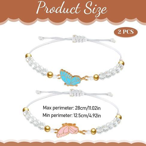 2PCS Butterfly Friendship Bracelet, Butterfly Matching Bracelets, Butterflies Couple Bracelets, Adjustable Strand Best Friends Bracelet for Women, Jewelry Gifts for Couples and Friend (Pink + Blue) in Saudi Arabia