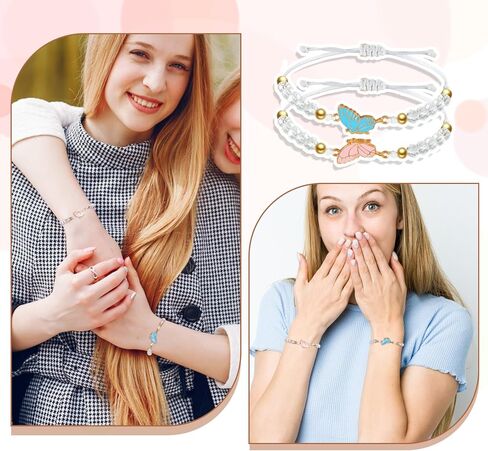 2PCS Butterfly Friendship Bracelet, Butterfly Matching Bracelets, Butterflies Couple Bracelets, Adjustable Strand Best Friends Bracelet for Women, Jewelry Gifts for Couples and Friend (Pink + Blue) in Saudi Arabia