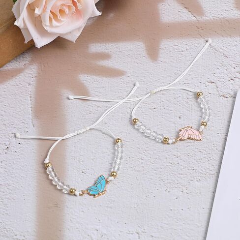 2PCS Butterfly Friendship Bracelet, Butterfly Matching Bracelets, Butterflies Couple Bracelets, Adjustable Strand Best Friends Bracelet for Women, Jewelry Gifts for Couples and Friend (Pink + Blue) in Saudi Arabia