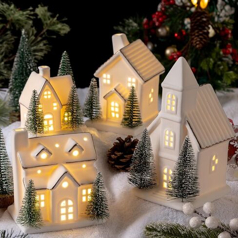 4 Pcs Ceramic Christmas Village Set LED Porcelain Village House，Light Up Christmas Village Houses with Xmas Trees Porcelain Figurines White Snow Scene Tabletop Decor in Saudi Arabia