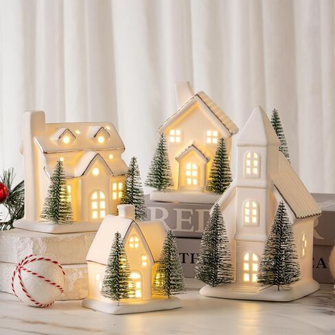 4 Pcs Ceramic Christmas Village Set LED Porcelain Village House，Light Up Christmas Village Houses with Xmas Trees Porcelain Figurines White Snow Scene Tabletop Decor in Saudi Arabia