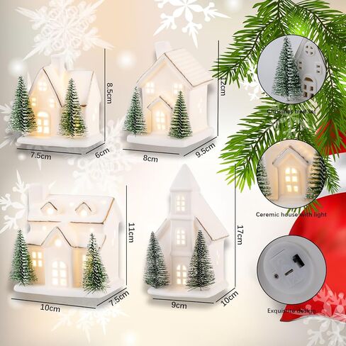 4 Pcs Ceramic Christmas Village Set LED Porcelain Village House，Light Up Christmas Village Houses with Xmas Trees Porcelain Figurines White Snow Scene Tabletop Decor in Saudi Arabia