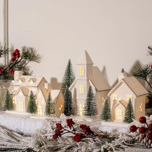 4 Pcs Ceramic Christmas Village Set LED Porcelain Village House，Light Up Christmas Village Houses with Xmas Trees Porcelain Figurines White Snow Scene Tabletop Decor in Saudi Arabia