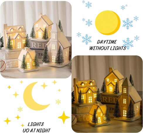 4 Pcs Ceramic Christmas Village Set LED Porcelain Village House，Light Up Christmas Village Houses with Xmas Trees Porcelain Figurines White Snow Scene Tabletop Decor in Saudi Arabia