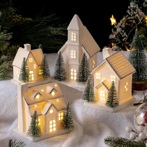 4 Pcs Ceramic Christmas Village Set LED Porcelain Village House，Light Up Christmas Village Houses with Xmas Trees Porcelain Figurines White Snow Scene Tabletop Decor in Saudi Arabia