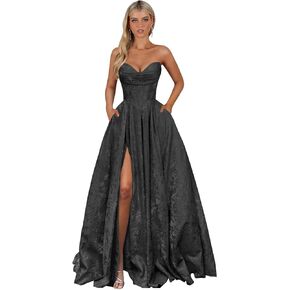 Strapless Prom Dress Long Embossed Floral Satin Evening Formal Gown with Pockets in Kuwait