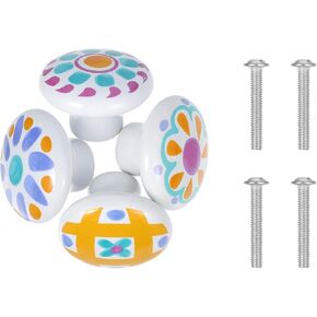 HOMSFOU 4pcs Cartoon Ceramic Wardrobe Door Handles Round Single-Hole Drawer Knobs Cute Cabinet Pulls for ’ Room Décor Pink, Blue, Orange, and Grid Sun Patterns in Saudi Arabia