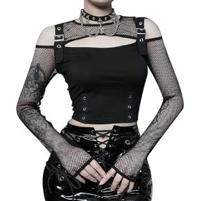 Long Sheer Mesh Sleeve Off Shoulder Women Going Out Goth Tops in Kuwait