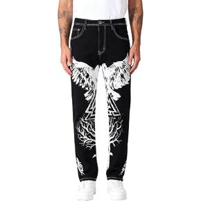 Men’s Y2K Graphic Printed Stacked Jeans, Slim Fit Drip Wash Streetwear Fashion Denim Pants for Men in Saudi Arabia