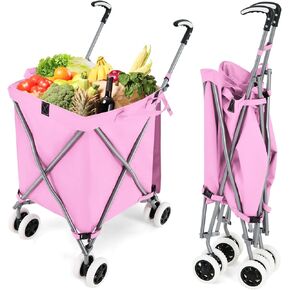 عربة تسوق قابلة للطي على عجلات من GOFLAME، عربة بقالة مقاومة للماء مع غطاء قابل للإزالة وعجلات دوارة 360 درجة، عربة أدوات قابلة للطي للبقالة والغسيل، سعة تحميل 120 رطل، وردي in Kuwait