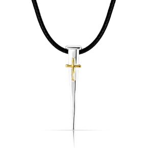 Silver Cross Necklace for Men – 925 Sterling Silver Jerusalem Nail Cross Pendant with Gold-Plated Detail on Black Leather Cord | Christian Faith & Valentine’s Day Gift for Him in Saudi Arabia