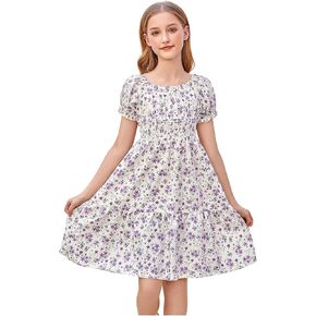 Floerns Girl's Boho Floral Print Puff Short Sleeve A Line Dress Ruffle Hem Summer Dresses in Kuwait