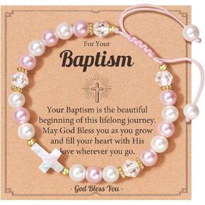 Adjustable Pink Pearl Cross Bracelet Baptism Confirmation First Communion Religious Gifts for Girls, Daughter, Granddaughter, Niece in Kuwait