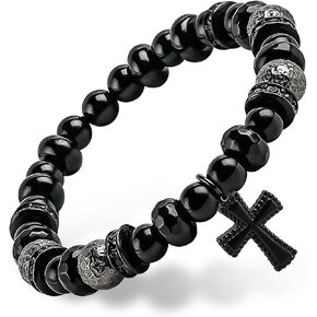 GUXI-Shadowtrace Obsidian Bracelet Natural Premium Black Onyx Bracelets for Men Gothic Vintage Jewelry Protection Bracelet Cross Accessory Gifts for Men Unique in Kuwait