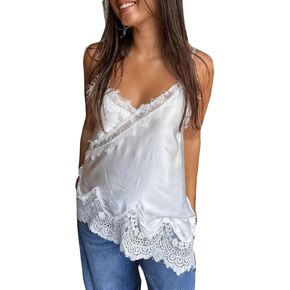 Women Satin Spaghetti Strap Cami Lace Patchwork Y2k Sleeveless Silk Low Cut Asymmetrical Going Out Tops Streetwear in Kuwait