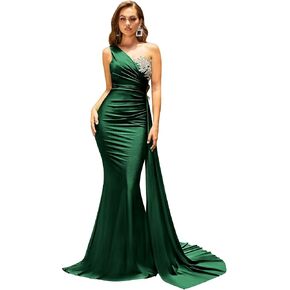 One Shoulder Bridesmaid Dresses for Women Long Beaded Satin Mermaid Formal Party Gown with Train in Kuwait