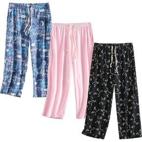 PNAEONG 3 Pack Women Pajama Pants Capri Length Drawstring Pj Bottoms Sleep Lounge Pants with Pockets S-3XL in Kuwait