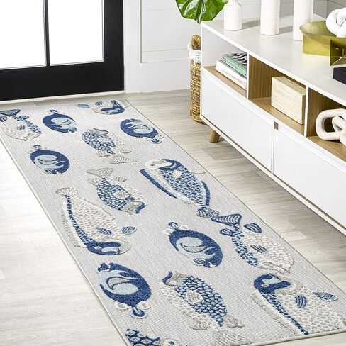 JONATHAN Y Fish High-Low Indoor Outdoor Runner Rug 2X8 Gray/Navy, Algarve Modern for Backyard, Patio, Porch, Easy-Cleaning, High Traffic, Pet-Friendly, Non-Shedding (AMC114B-28) in Saudi Arabia
