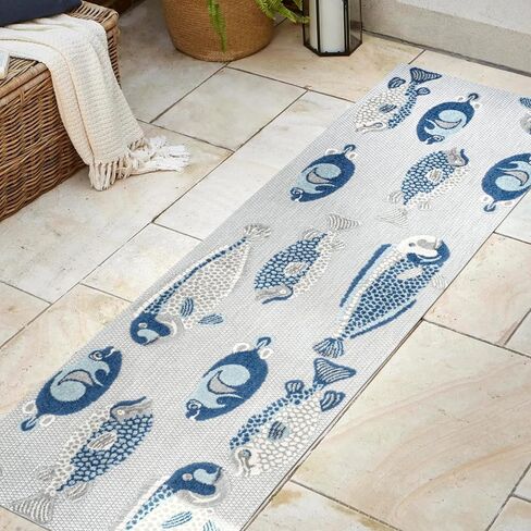 JONATHAN Y Fish High-Low Indoor Outdoor Runner Rug 2X8 Gray/Navy, Algarve Modern for Backyard, Patio, Porch, Easy-Cleaning, High Traffic, Pet-Friendly, Non-Shedding (AMC114B-28) in Saudi Arabia
