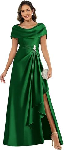 Fu Jiang Women's Cap Sleeves Mother of The Bride Dresses Long Satin A Line Side Slit Formal Evening Dress with Shawl in Saudi Arabia