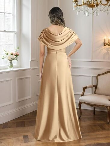 Fu Jiang Women's Cap Sleeves Mother of The Bride Dresses Long Satin A Line Side Slit Formal Evening Dress with Shawl in Saudi Arabia