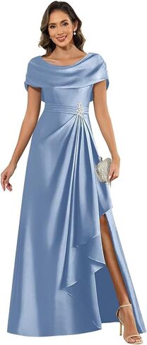 Fu Jiang Women's Cap Sleeves Mother of The Bride Dresses Long Satin A Line Side Slit Formal Evening Dress with Shawl in Saudi Arabia