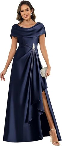 Fu Jiang Women's Cap Sleeves Mother of The Bride Dresses Long Satin A Line Side Slit Formal Evening Dress with Shawl in Saudi Arabia