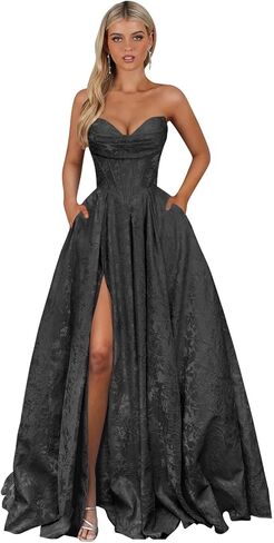 Strapless Prom Dress Long Embossed Floral Satin Evening Formal Gown with Pockets in Kuwait