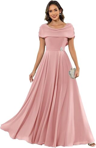 Chiffon Mother of The Bride Dresses for Women Long Cap Sleeves Pleated Formal Evening Gown in Saudi Arabia
