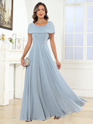 Chiffon Mother of The Bride Dresses for Women Long Cap Sleeves Pleated Formal Evening Gown in Saudi Arabia