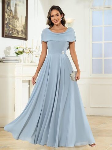 Chiffon Mother of The Bride Dresses for Women Long Cap Sleeves Pleated Formal Evening Gown in Saudi Arabia
