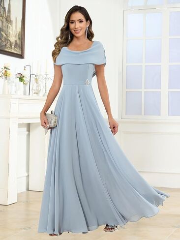 Chiffon Mother of The Bride Dresses for Women Long Cap Sleeves Pleated Formal Evening Gown in Saudi Arabia