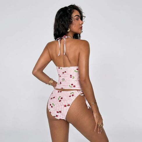 Womens Halter Neck Tankini Swimsuit Set Lace Trim Floral Print Pink in Saudi Arabia