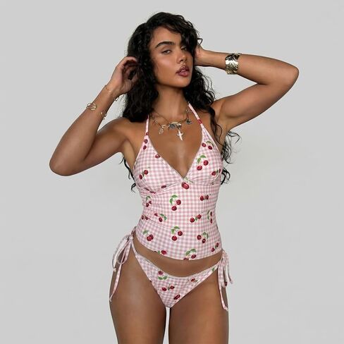 Womens Halter Neck Tankini Swimsuit Set Lace Trim Floral Print Pink in Saudi Arabia