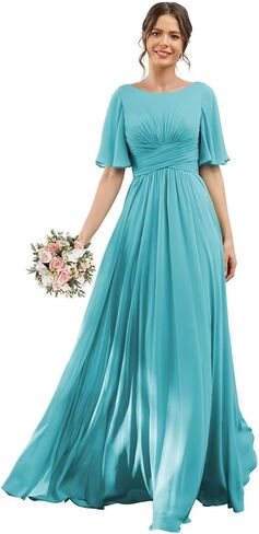 Women's Flutter Sleeves Bridesmaid Dress Scoop Neck Ruched Maxi A Line Chiffon Formal Evening Dresses with Pocket ZU113 in Saudi Arabia